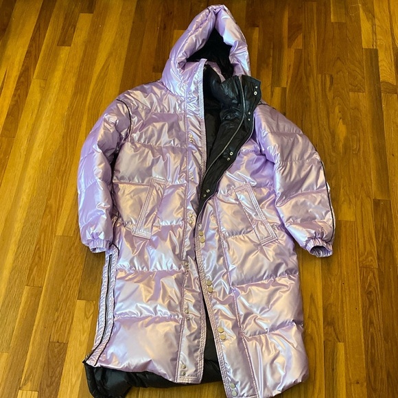 Lattelier Women’s Metallic Purple Long Puffer Jacket Size M